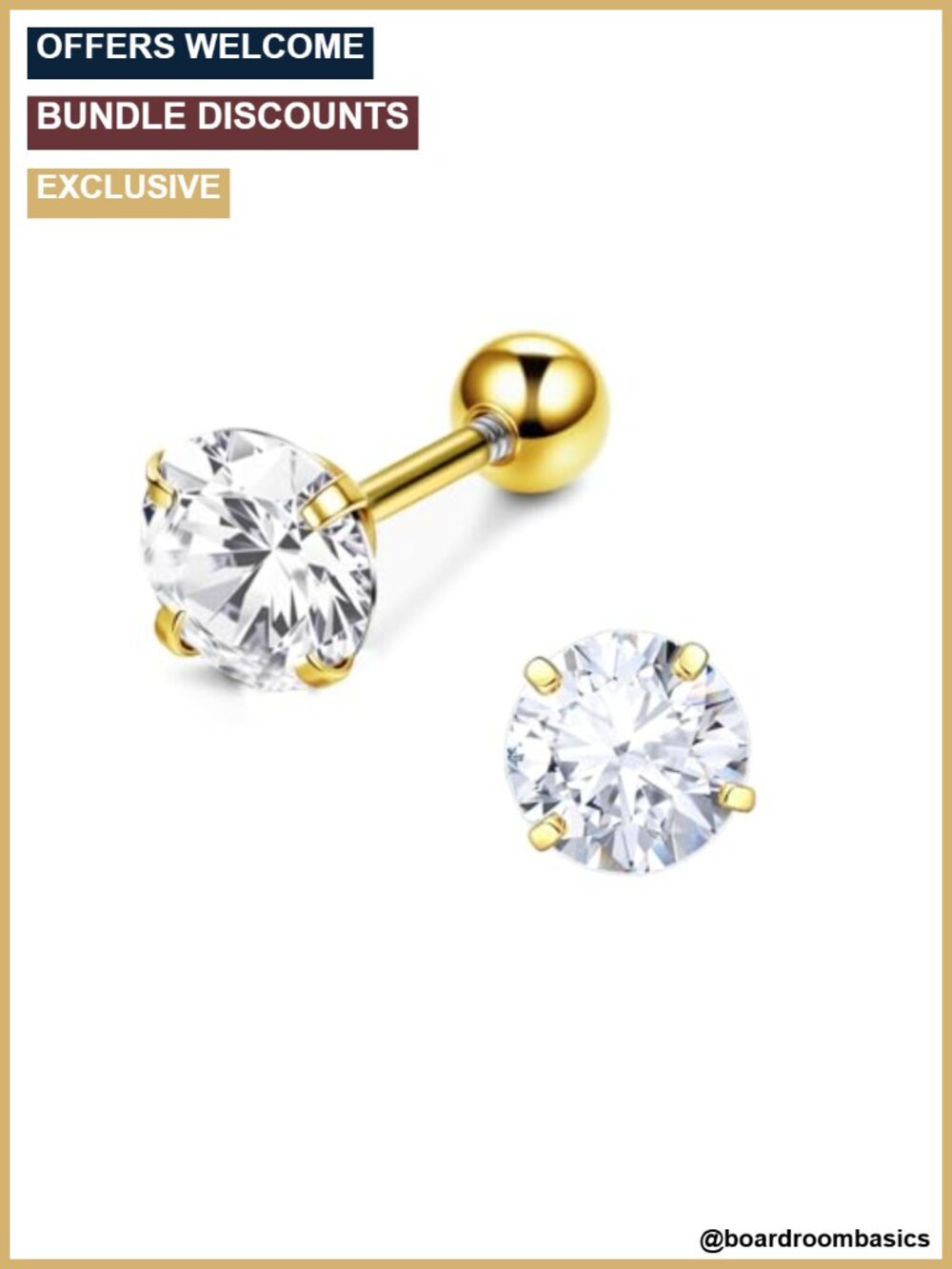 14K Gold Plated Cubic Zirconia Stud Earrings Screw Back Secure Fit